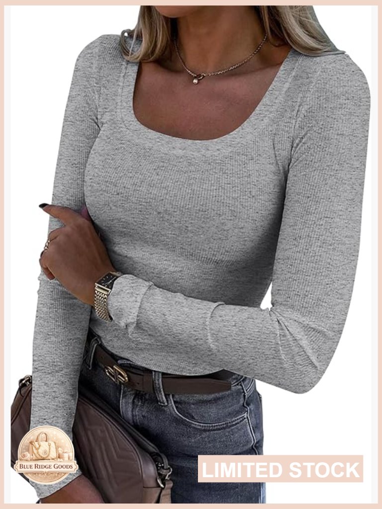 Long Sleeve Scoop Neck Ribbed Knit Slim Fit Tee Casual Chic Basic Top